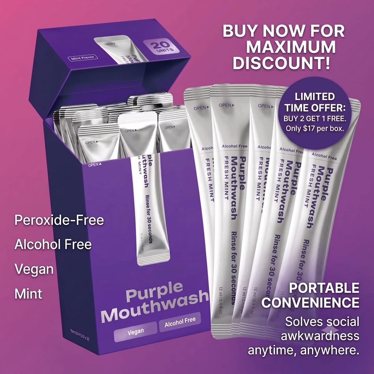 LAST DAY PROMOTION - 50% OFF Purple Mouthwash - Sachets 20 Pack - Peroxide-Free - Alcohol Free - Vegan Mint